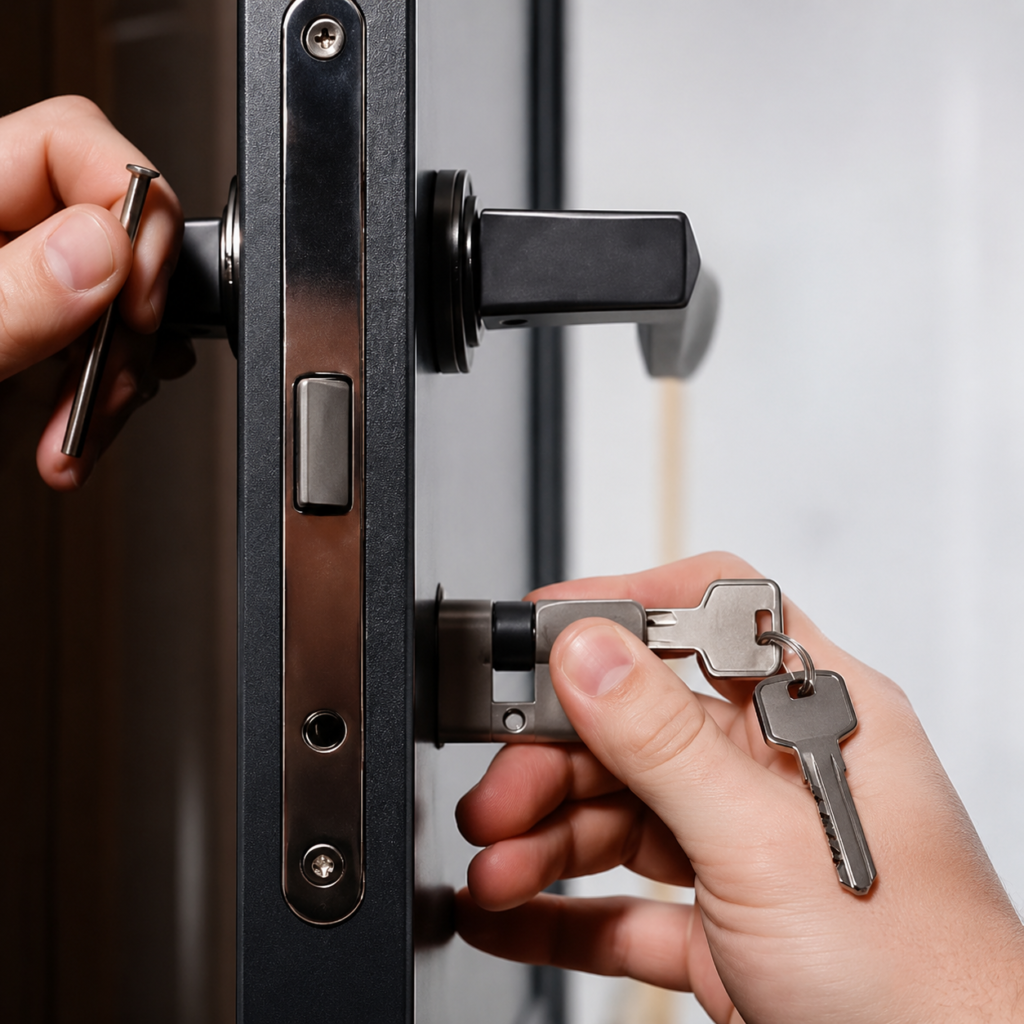hand with garage door lock repair and keys
